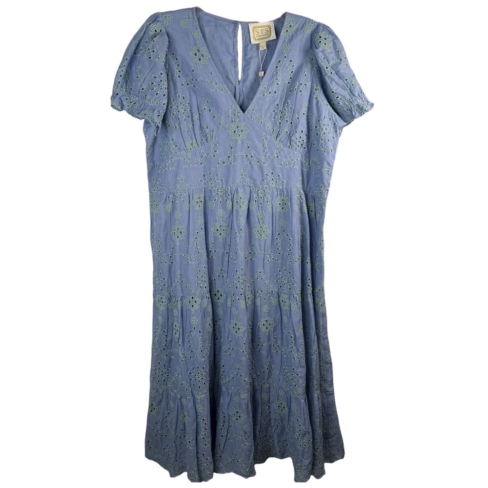 Sail to Sable Womens Blue Eyelet 100% Cotton Midi Dress Cabbage Hydrangea‎ L NEW